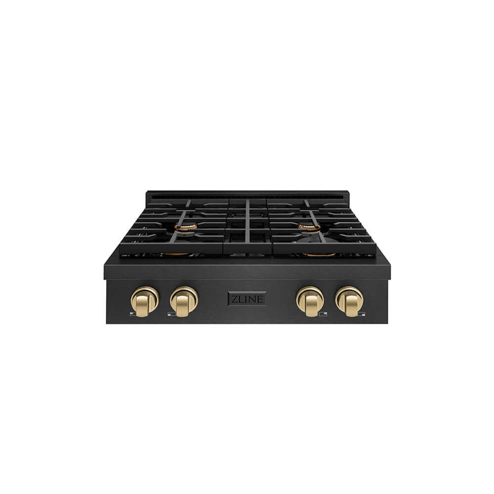 ZLINE Autograph Edition 30 in. Paramount Gas Rangetop with 4 Burners and Porcelain Cooktop in Black Satin Stainless Steel with Champagne Bronze Accents (SRTBSZ-30-CB) front.