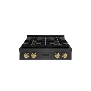 ZLINE Autograph Edition 30 in. Paramount Gas Rangetop with 4 Burners and Porcelain Cooktop in Black Satin Stainless Steel with Champagne Bronze Accents (SRTBSZ-30-CB) main image.