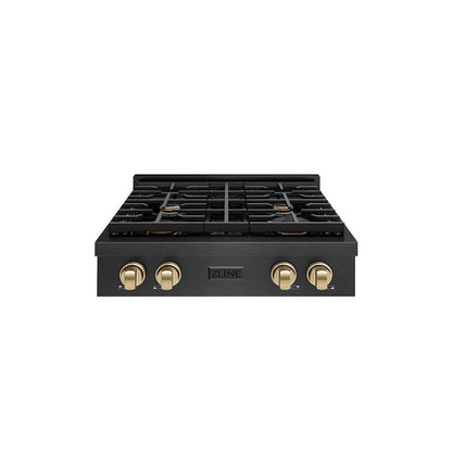 ZLINE Autograph Edition 30 in. Paramount Gas Rangetop with 4 Burners and Porcelain Cooktop in Black Satin Stainless Steel with Champagne Bronze Accents (SRTBSZ-30-CB) front.