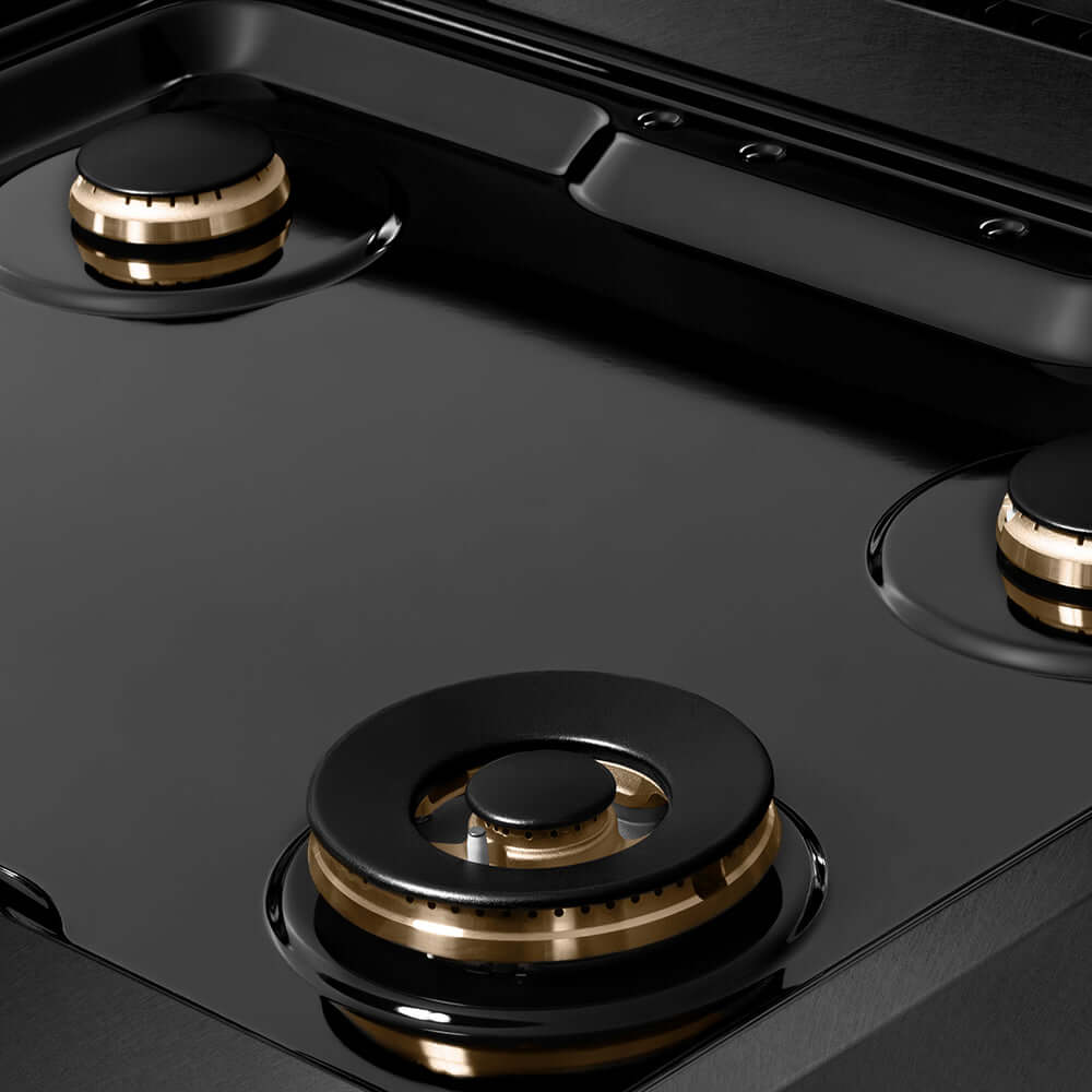ZLINE Autograph Edition 30 in. Paramount Gas Rangetop with 4 Burners and Porcelain Cooktop in Black Satin Stainless Steel with Champagne Bronze Accents (SRTBSZ-30-CB) black porcelain cooktop and burners with no grates.