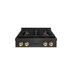 ZLINE Autograph Edition 30 in. Paramount Gas Rangetop with 4 Burners and Porcelain Cooktop in Black Satin Stainless Steel with Polished Gold Accents (SRTBSZ-30-G) front.