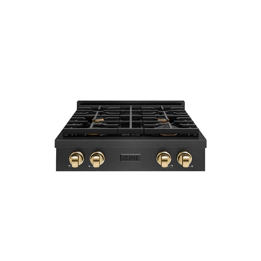 ZLINE Autograph Edition 30 in. Paramount Gas Rangetop with 4 Burners and Porcelain Cooktop in Black Satin Stainless Steel with Polished Gold Accents (SRTBSZ-30-G) front.
