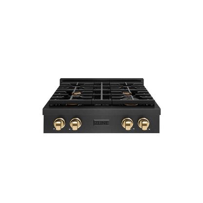 ZLINE Autograph Edition 30 in. Paramount Gas Rangetop with 4 Burners and Porcelain Cooktop in Black Satin Stainless Steel with Polished Gold Accents (SRTBSZ-30-G) front.