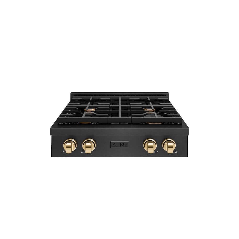 ZLINE Autograph Edition 30 in. Paramount Gas Rangetop with 4 Burners and Porcelain Cooktop in Black Satin Stainless Steel with Polished Gold Accents, Open Box-Good Condition