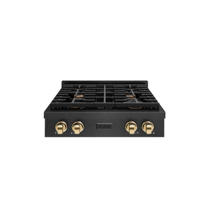 ZLINE Autograph Edition 30 in. Paramount Gas Rangetop with 4 Burners and Porcelain Cooktop in Black Satin Stainless Steel with Polished Gold Accents, Open Box-Good Condition main image.