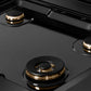 ZLINE Autograph Edition 30 in. Paramount Gas Rangetop with 4 Burners and Porcelain Cooktop in Black Satin Stainless Steel with Polished Gold Accents (SRTBSZ-30-G) black porcelain cooktop and burners with no grates.