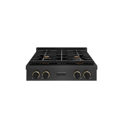 ZLINE Designer Collection 30 in. Paramount Gas Rangetop with 4 Burners in Black Satin Stainless Steel with Matte Black and Champagne Bronze Accents (SRTBSZ-30-MBCB) front.