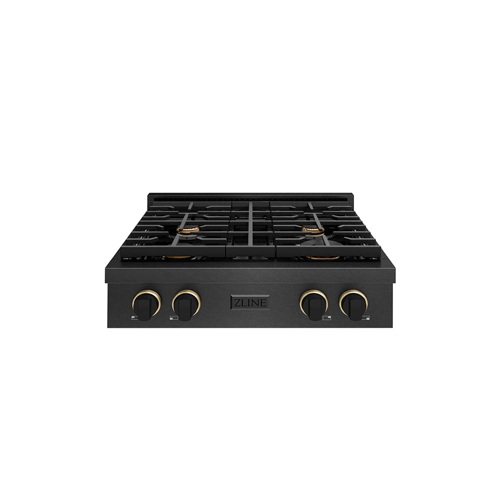 ZLINE Designer Collection 30 in. Paramount Gas Rangetop with 4 Burners in Black Satin Stainless Steel with Matte Black and Champagne Bronze Accents, Open Box-Great Condition main image.