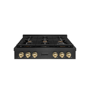 ZLINE Autograph Edition 36 in. Paramount Gas Rangetop with 6 Burners and Porcelain Cooktop in Black Satin Stainless Steel with Champagne Bronze Accents (SRTBSZ-36-CB) main image.