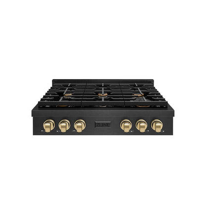 ZLINE Autograph Edition 36 in. Paramount Gas Rangetop with 6 Burners and Porcelain Cooktop in Black Satin Stainless Steel with Champagne Bronze Accents (SRTBSZ-36-CB) front.