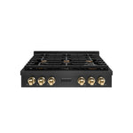 ZLINE Autograph Edition 36 in. Paramount Gas Rangetop with 6 Burners and Porcelain Cooktop in Black Satin Stainless Steel with Polished Gold Accents (SRTBSZ-36-G) front.