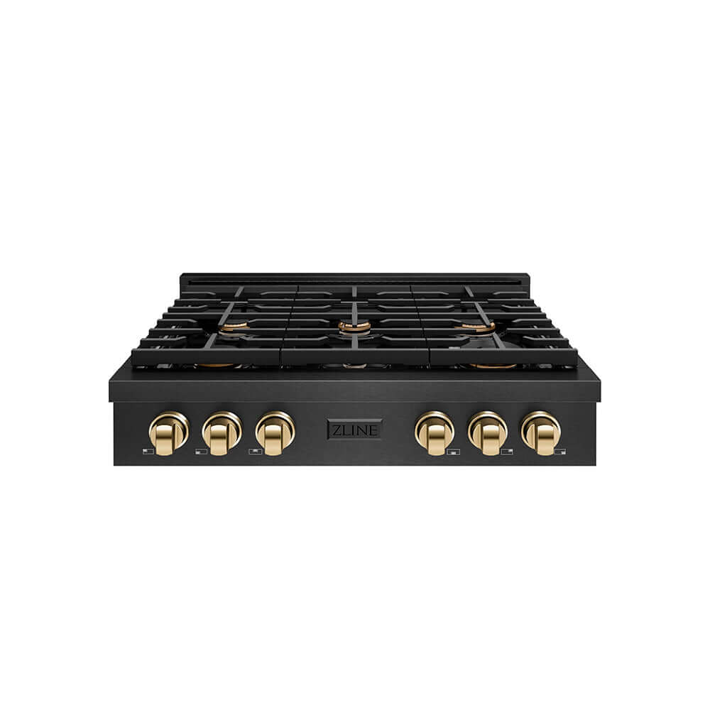 ZLINE Autograph Edition 36 in. Paramount Gas Rangetop with 6 Burners and Porcelain Cooktop in Black Satin Stainless Steel with Polished Gold Accents (SRTBSZ-36-G) front.