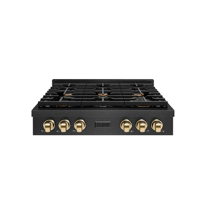 ZLINE Autograph Edition 36 in. Paramount Gas Rangetop with 6 Burners and Porcelain Cooktop in Black Satin Stainless Steel with Polished Gold Accents (SRTBSZ-36-G) front.