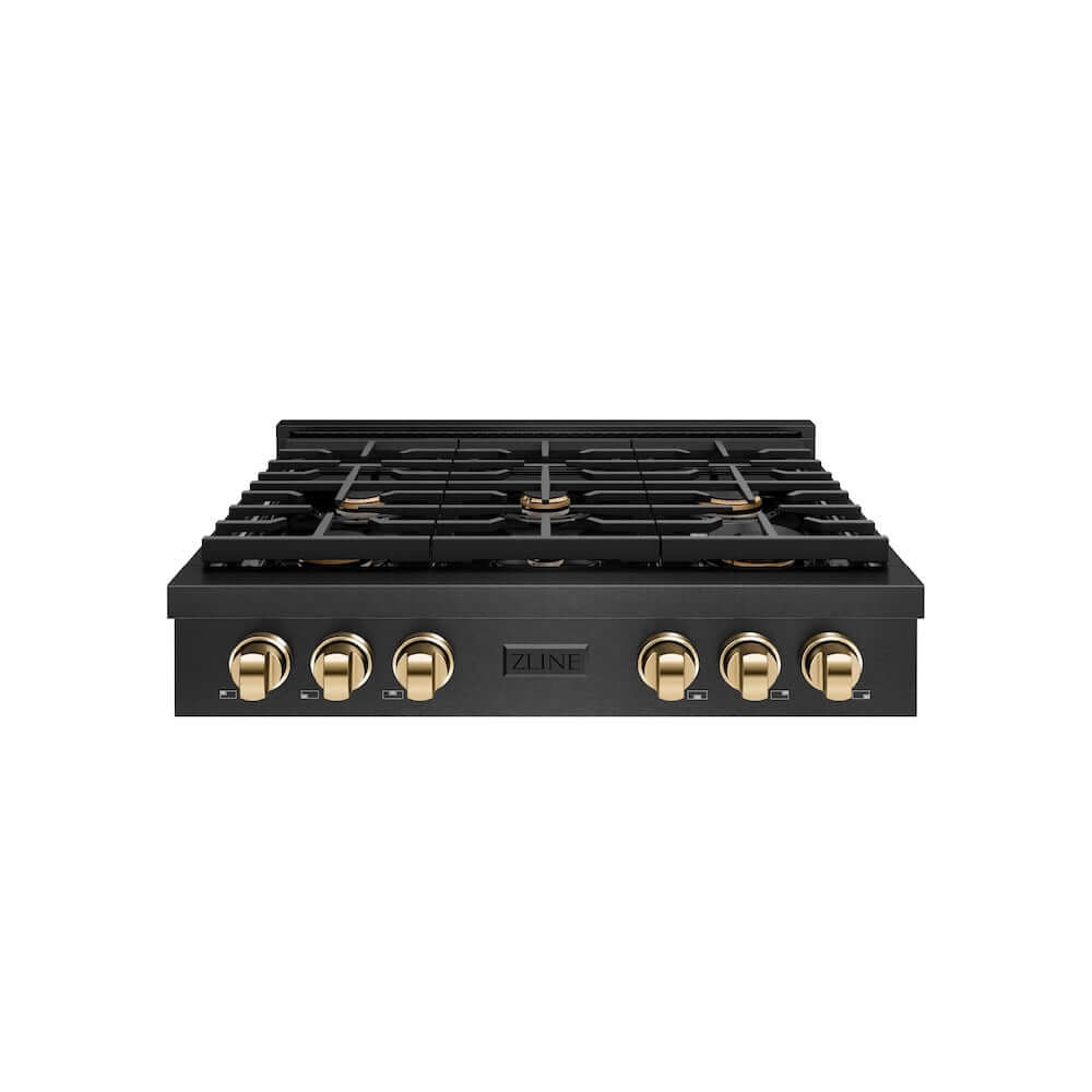 ZLINE Autograph Edition 36 in. Paramount Gas Rangetop with 6 Burners and Porcelain Cooktop in Black Satin Stainless Steel with Polished Gold Accents, Open Box-Good Condition