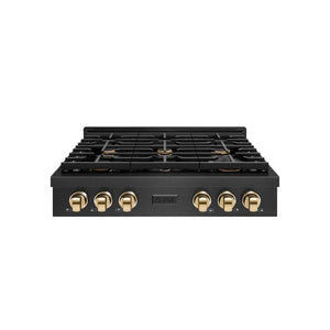 ZLINE Autograph Edition 36 in. Paramount Gas Rangetop with 6 Burners and Porcelain Cooktop in Black Satin Stainless Steel with Polished Gold Accents, Open Box-Good Condition main image.