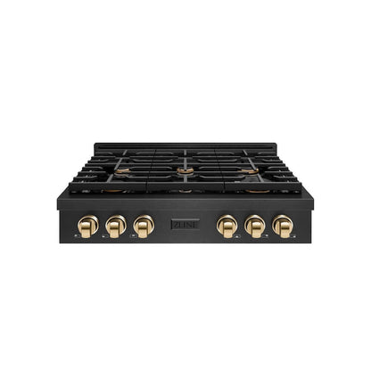 ZLINE Autograph Edition 36 in. Paramount Gas Rangetop with 6 Burners and Porcelain Cooktop in Black Satin Stainless Steel with Polished Gold Accents, Open Box-Good Condition