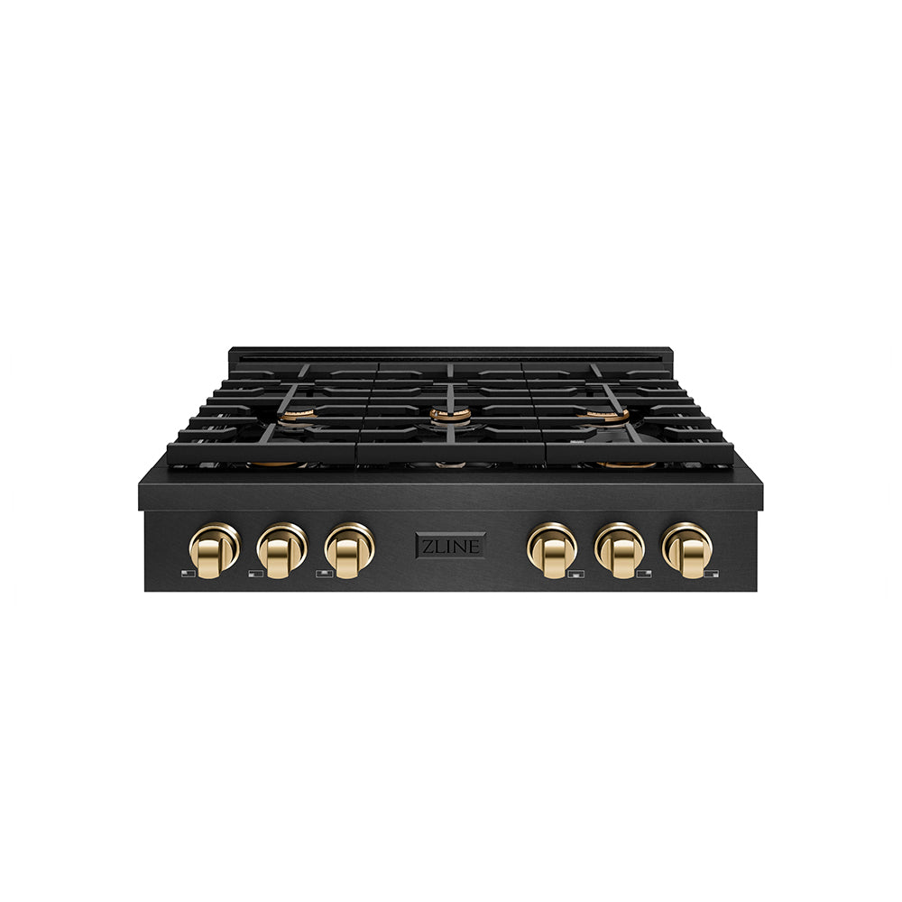 ZLINE Autograph Edition 36 in. Paramount Gas Rangetop with 6 Burners and Porcelain Cooktop in Black Satin Stainless Steel with Polished Gold Accents, Open Box-Great Condition main image.