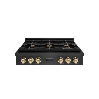 ZLINE Autograph Edition 36 in. Paramount Gas Rangetop with 6 Burners and Porcelain Cooktop in Black Satin Stainless Steel with Polished Gold Accents, Open Box-Great Condition