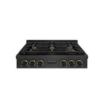 ZLINE Designer Collection 36 in. Paramount Gas Rangetop with 6 Burners in Black Satin Stainless Steel with Matte Black and Champagne Bronze Accents (SRTBSZ-36-MBCB) front.