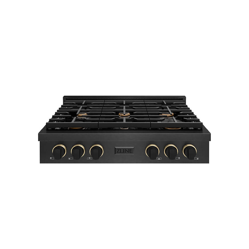 ZLINE Designer Collection 36 in. Paramount Gas Rangetop with 6 Burners in Black Satin Stainless Steel with Matte Black and Champagne Bronze Accents (SRTBSZ-36-MBCB) front.