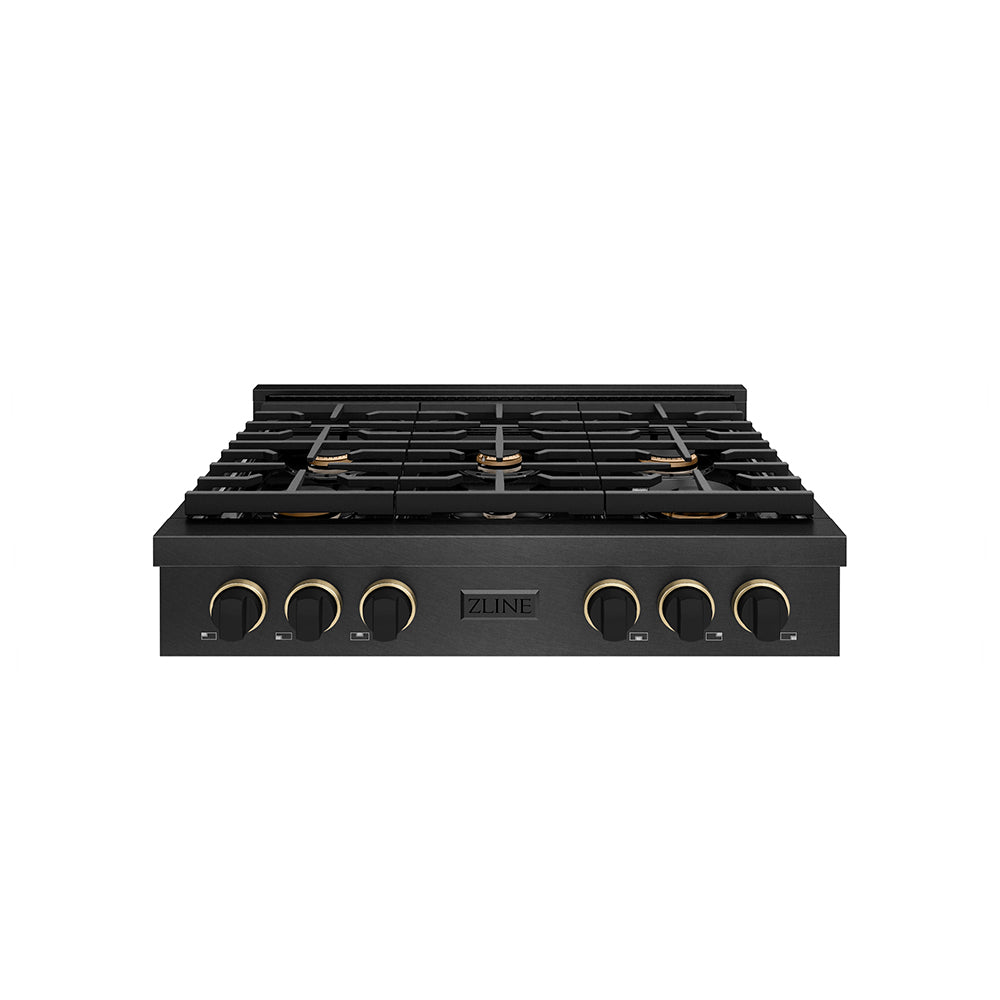 ZLINE Designer Collection 36 in. Paramount Gas Rangetop with 6 Burners in Black Satin Stainless Steel with Matte Black and Champagne Bronze Accents, Open Box-Great Condition main image.