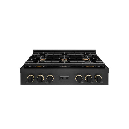 ZLINE Designer Collection 36 in. Paramount Gas Rangetop with 6 Burners in Black Satin Stainless Steel with Matte Black and Champagne Bronze Accents, Open Box-Great Condition