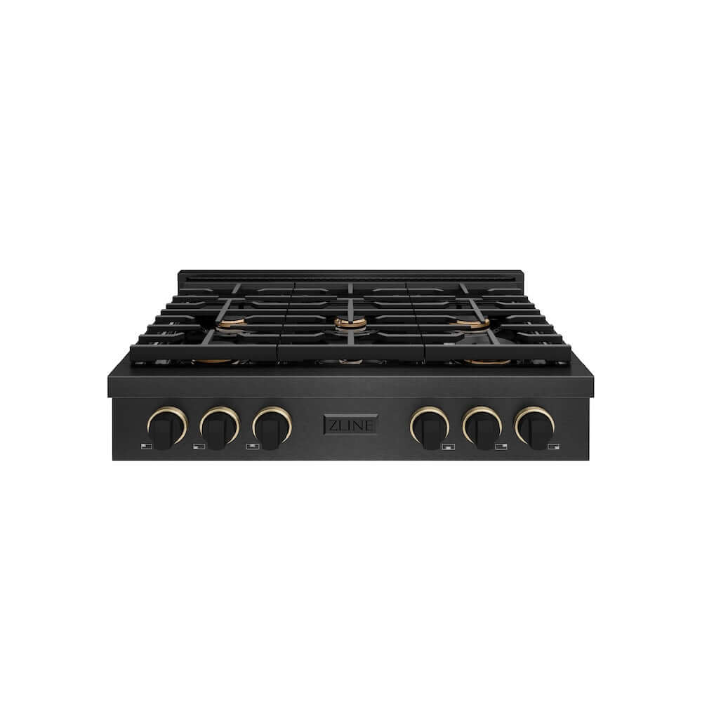 ZLINE Designer Collection 36 in. Paramount Gas Rangetop with 6 Burners in Black Satin Stainless Steel with Matte Black and Champagne Bronze Accents, Open Box-Good Condition
