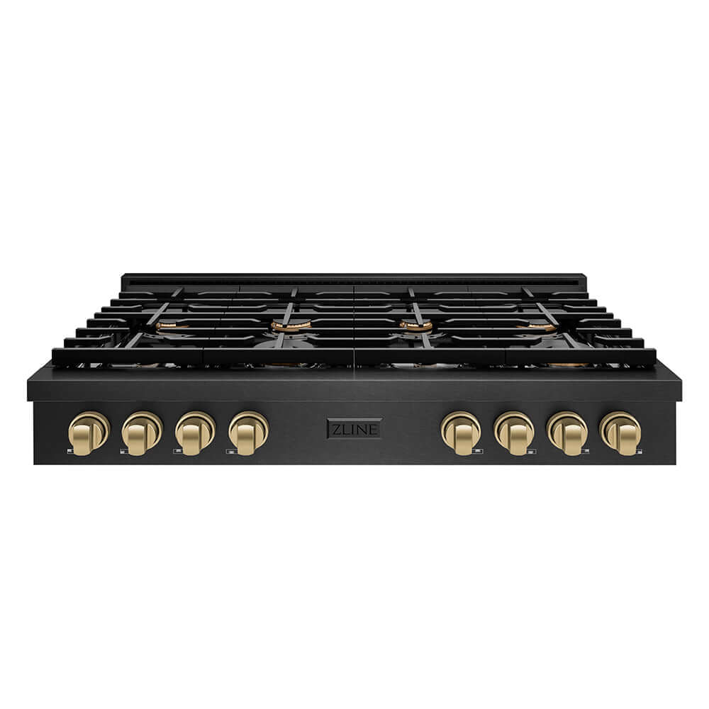 ZLINE Autograph Edition 48 in. Paramount Gas Rangetop with 8 Burners and Porcelain Cooktop in Black Satin Stainless Steel with Champagne Bronze Accents (SRTBSZ-48-CB) front.
