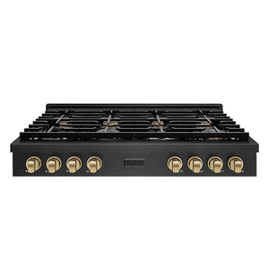 ZLINE Autograph Edition 48 in. Paramount Gas Rangetop with 8 Burners and Porcelain Cooktop in Black Satin Stainless Steel with Champagne Bronze Accents (SRTBSZ-48-CB) main image.