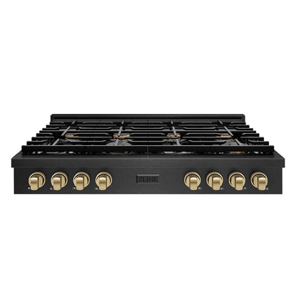 ZLINE Autograph Edition 48 in. Paramount Gas Rangetop with 8 Burners and Porcelain Cooktop in Black Satin Stainless Steel with Champagne Bronze Accents (SRTBSZ-48-CB) front.