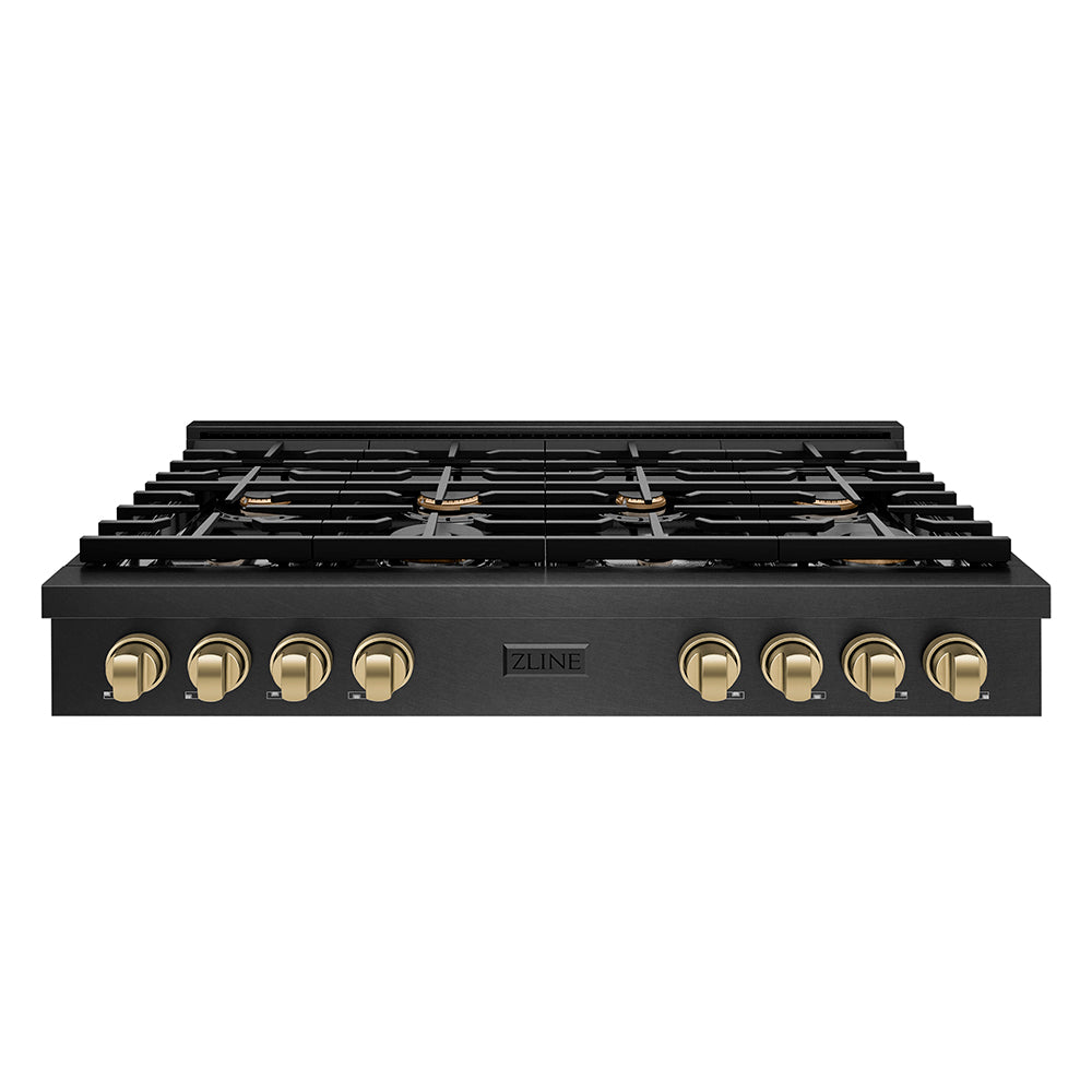 ZLINE Autograph Edition 48 in. Paramount Gas Rangetop with 8 Burners and Porcelain Cooktop in Black Satin Stainless Steel with Champagne Bronze Accents, Open Box-Great Condition main image.