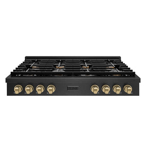 ZLINE Autograph Edition 48 in. Paramount Gas Rangetop with 8 Burners and Porcelain Cooktop in Black Satin Stainless Steel with Champagne Bronze Accents, Open Box-Great Condition main image.