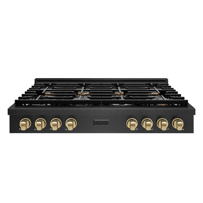 ZLINE Autograph Edition 48 in. Paramount Gas Rangetop with 8 Burners and Porcelain Cooktop in Black Satin Stainless Steel with Champagne Bronze Accents, Open Box-Great Condition