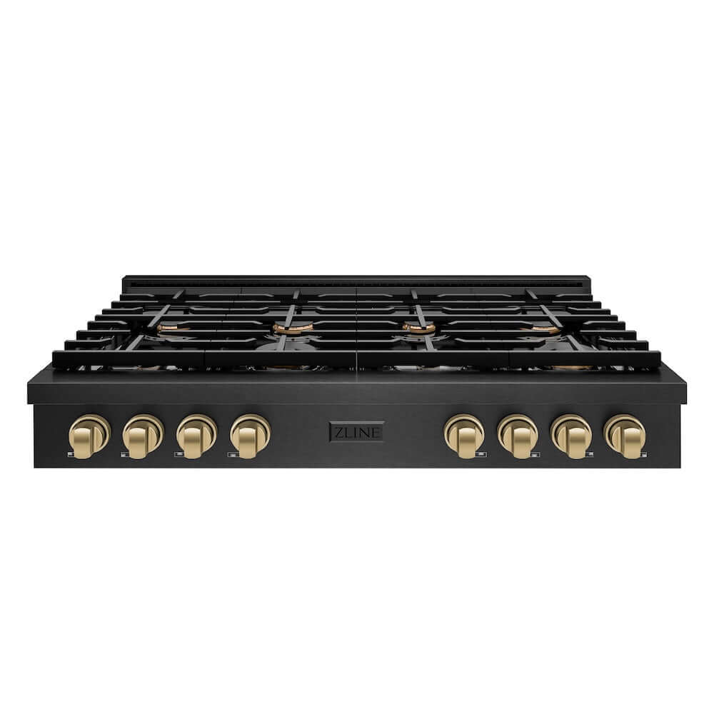 ZLINE Autograph Edition 48 in. Paramount Gas Rangetop with 8 Burners and Porcelain Cooktop in Black Satin Stainless Steel with Champagne Bronze Accents, Open Box-Good Condition