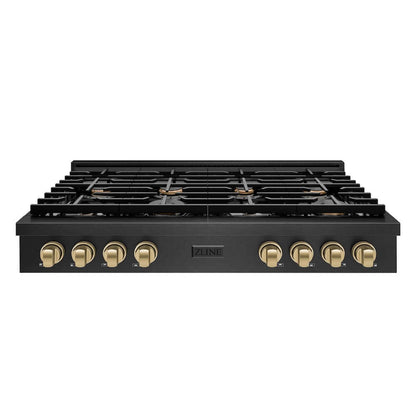 ZLINE Autograph Edition 48 in. Paramount Gas Rangetop with 8 Burners and Porcelain Cooktop in Black Satin Stainless Steel with Champagne Bronze Accents, Open Box-Good Condition
