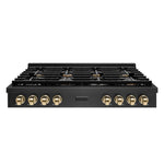 ZLINE Autograph Edition 48 in. Paramount Gas Rangetop with 8 Burners and Porcelain Cooktop in Black Satin Stainless Steel with Polished Gold Accents (SRTBSZ-48-G) front.