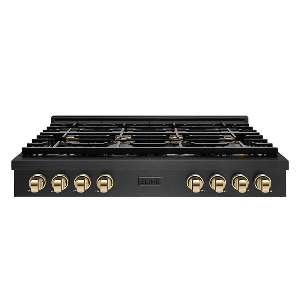 ZLINE Autograph Edition 48 in. Paramount Gas Rangetop with 8 Burners and Porcelain Cooktop in Black Satin Stainless Steel with Polished Gold Accents (SRTBSZ-48-G) front.