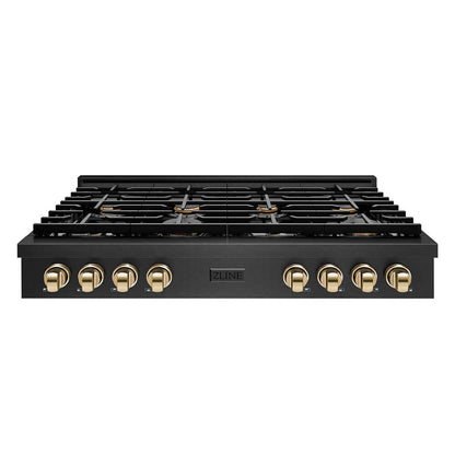 ZLINE Autograph Edition 48 in. Paramount Gas Rangetop with 8 Burners and Porcelain Cooktop in Black Satin Stainless Steel with Polished Gold Accents (SRTBSZ-48-G) front.