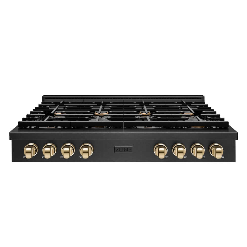ZLINE Autograph Edition 48 in. Paramount Gas Rangetop with 8 Burners and Porcelain Cooktop in Black Satin Stainless Steel with Polished Gold Accents, Open Box-Good Condition