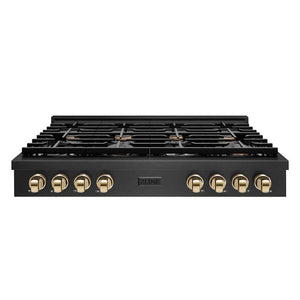 ZLINE Autograph Edition 48 in. Paramount Gas Rangetop with 8 Burners and Porcelain Cooktop in Black Satin Stainless Steel with Polished Gold Accents, Open Box-Good Condition main image.