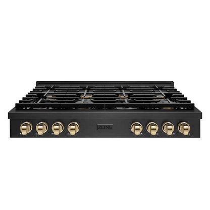 ZLINE Autograph Edition 48 in. Paramount Gas Rangetop with 8 Burners and Porcelain Cooktop in Black Satin Stainless Steel with Polished Gold Accents, Open Box-Good Condition