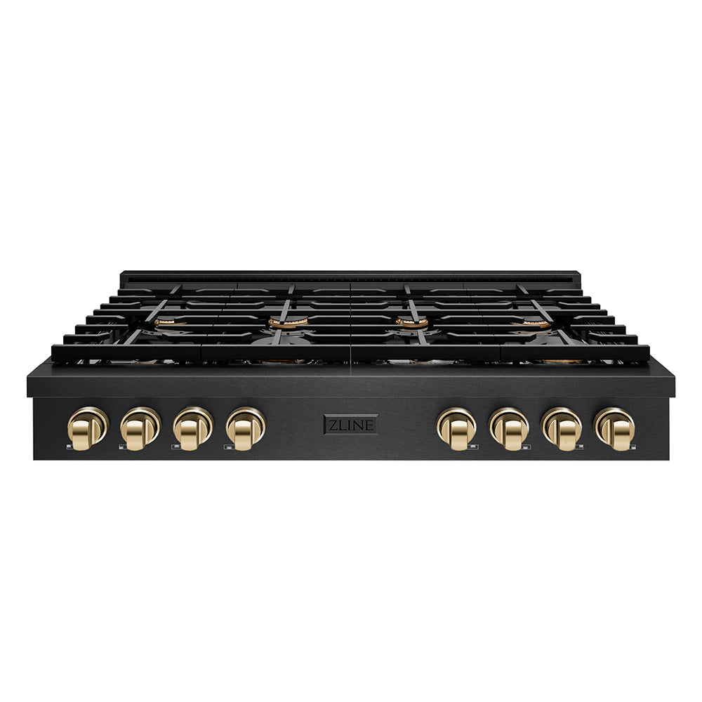 ZLINE Autograph Edition 48 in. Paramount Gas Rangetop with 8 Burners and Porcelain Cooktop in Black Satin Stainless Steel with Polished Gold Accents, Open Box-Great Condition main image.