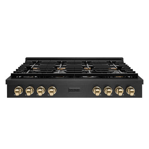 ZLINE Autograph Edition 48 in. Paramount Gas Rangetop with 8 Burners and Porcelain Cooktop in Black Satin Stainless Steel with Polished Gold Accents, Open Box-Great Condition main image.