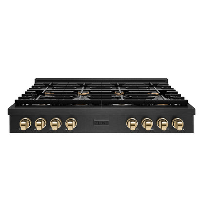 ZLINE Autograph Edition 48 in. Paramount Gas Rangetop with 8 Burners and Porcelain Cooktop in Black Satin Stainless Steel with Polished Gold Accents, Open Box-Great Condition