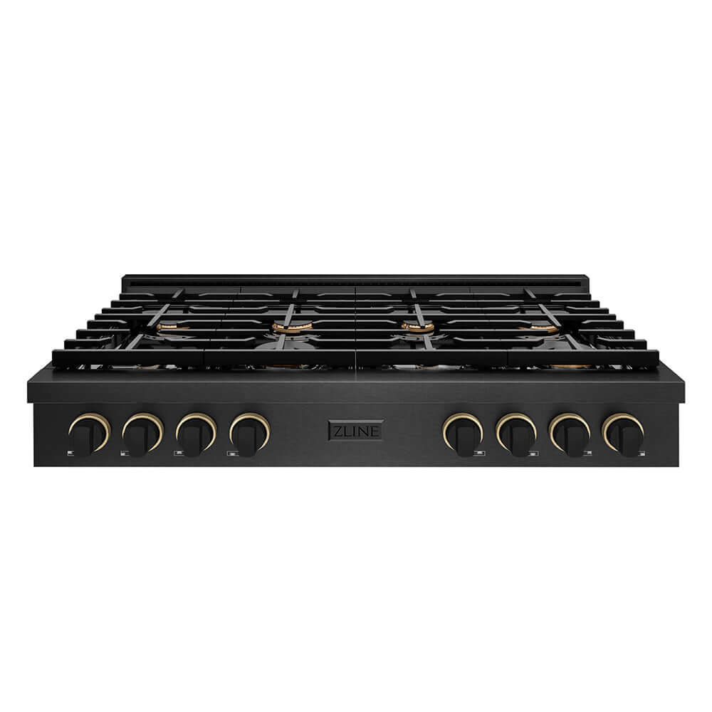 ZLINE Designer Collection 48 in. Paramount Gas Rangetop with 8 Burners in Black Satin Stainless Steel with Matte Black and Champagne Bronze Accents (SRTBSZ-48-MBCB) front.