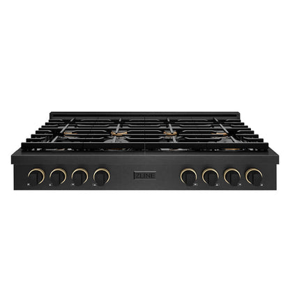 ZLINE Designer Collection 48 in. Paramount Gas Rangetop with 8 Burners in Black Satin Stainless Steel with Matte Black and Champagne Bronze Accents (SRTBSZ-48-MBCB) front.