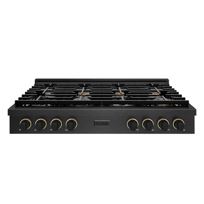 ZLINE Designer Collection 48 in. Paramount Gas Rangetop with 8 Burners in Black Satin Stainless Steel with Matte Black and Champagne Bronze Accents, Open Box-Good Condition