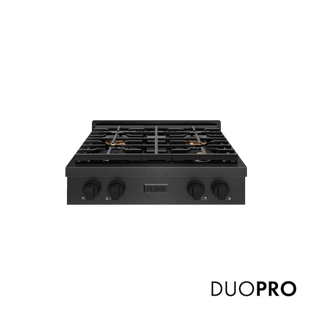 ZLINE 30 in. Paramount Gas Rangetop with 4 Burner DuoPro™ Cooktop in Black Satin Stainless Steel (PSRTBS-30) front, with DuoPro™ logo.