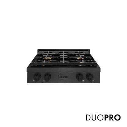 ZLINE 30 in. Paramount Gas Rangetop with 4 Burner DuoPro™ Cooktop in Black Satin Stainless Steel (PSRTBS-30) front, with DuoPro™ logo.