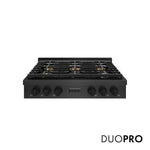 ZLINE 36 in. Paramount Gas Rangetop with 6 Burner DuoPro™ Cooktop in Black Satin Stainless Steel (PSRTBS-36) front, with DuoPro™ logo.